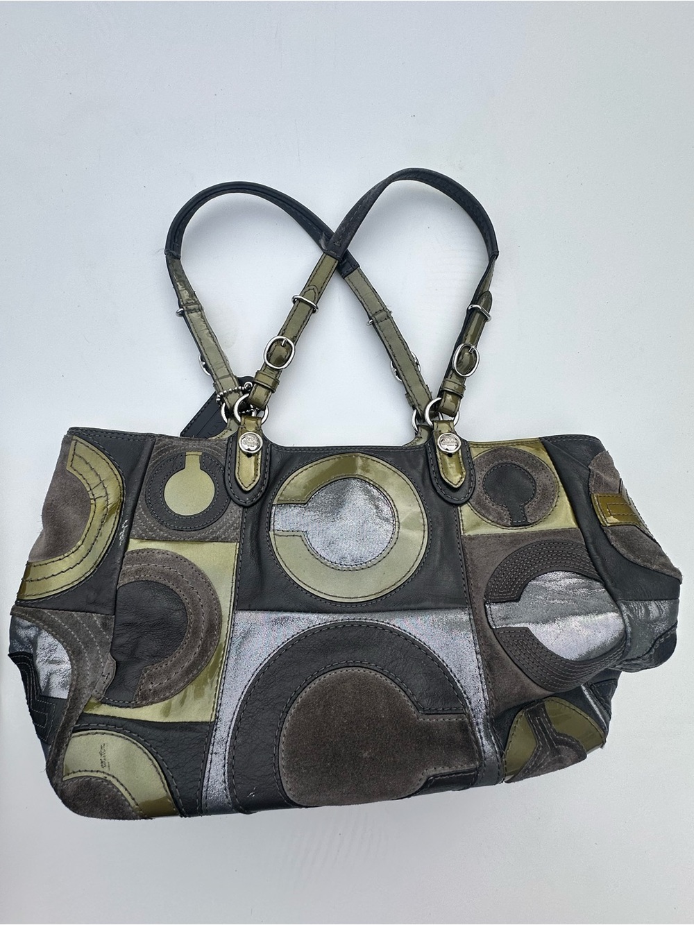 Coach Olive and Dark Brown Patchwork Circle Shoulder Bag - Picture 2 of 5